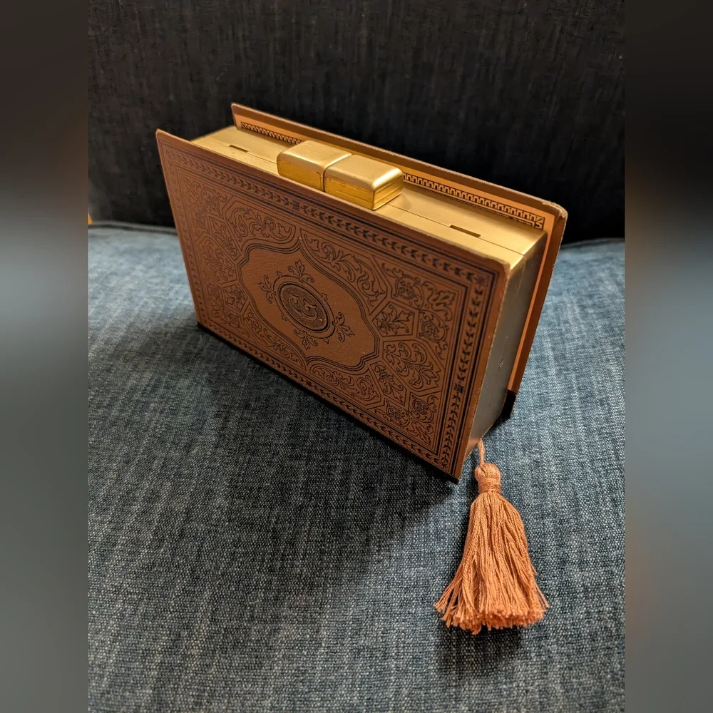 Vintage Brown Hard Cover Book Clutch With Pink Tassel - Picture 2 of 10